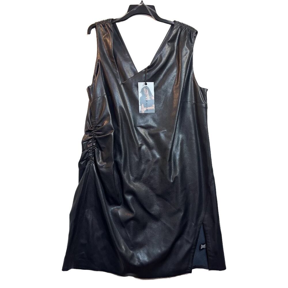 Ashley Graham 18W Dark Gray Faux Leather Ruched Midi Dress Plus Size NWT